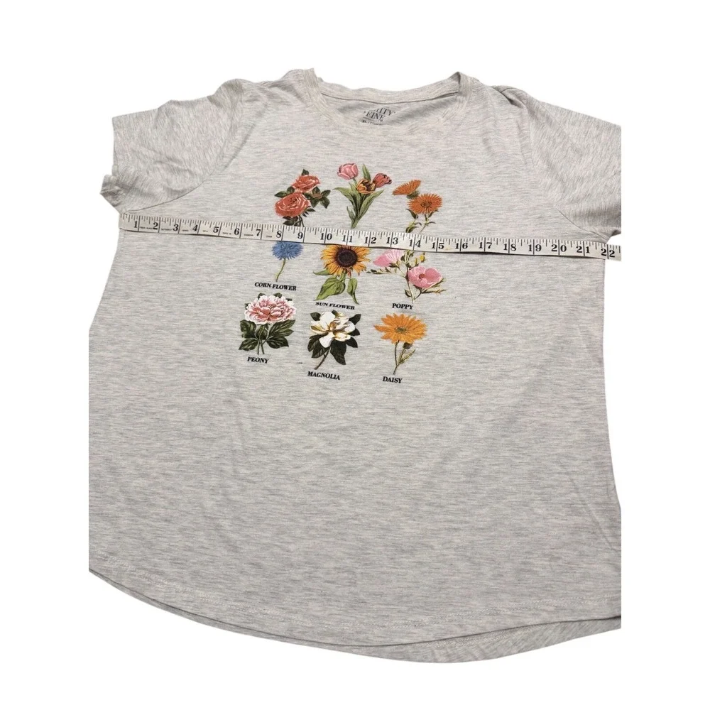 Mighty Fine Women's XL Grey Botanical Flower Graphic Tee‎ Short Sleeve T-Shirt
